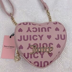 Juicy Couture Dusty blush Heart fluffy Crossbody Bag Rhinestone gold Zip NEW